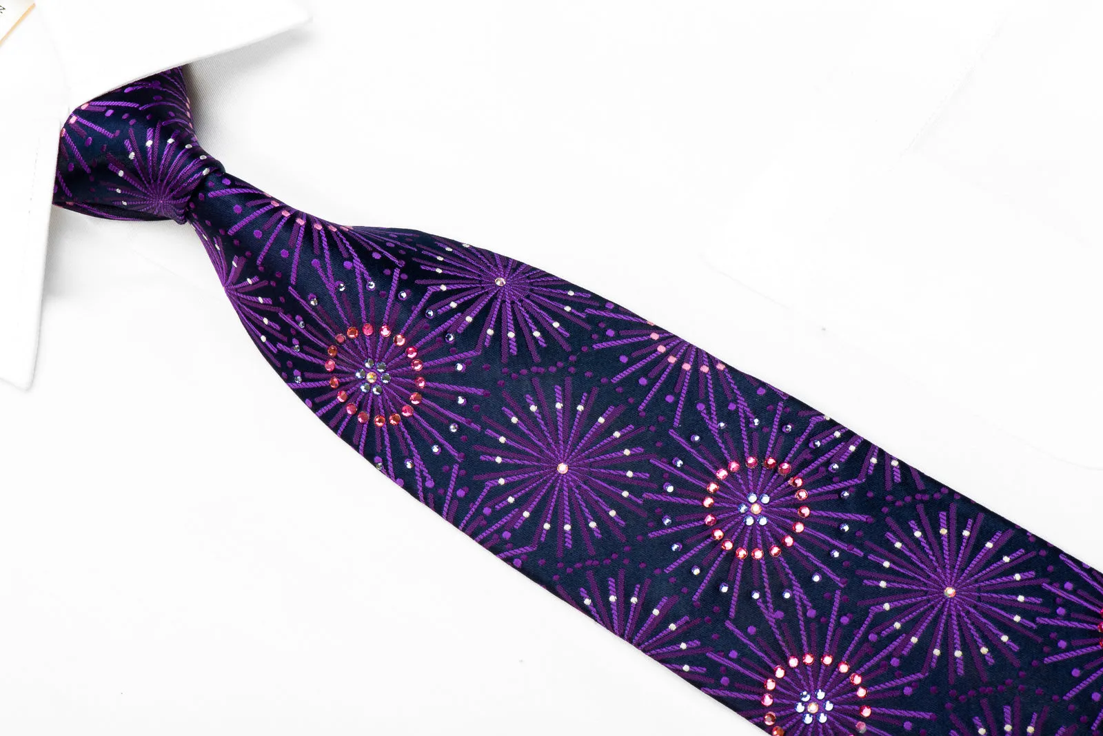 Lancetti Rhinestone Silk Necktie Purple Geometric On Navy