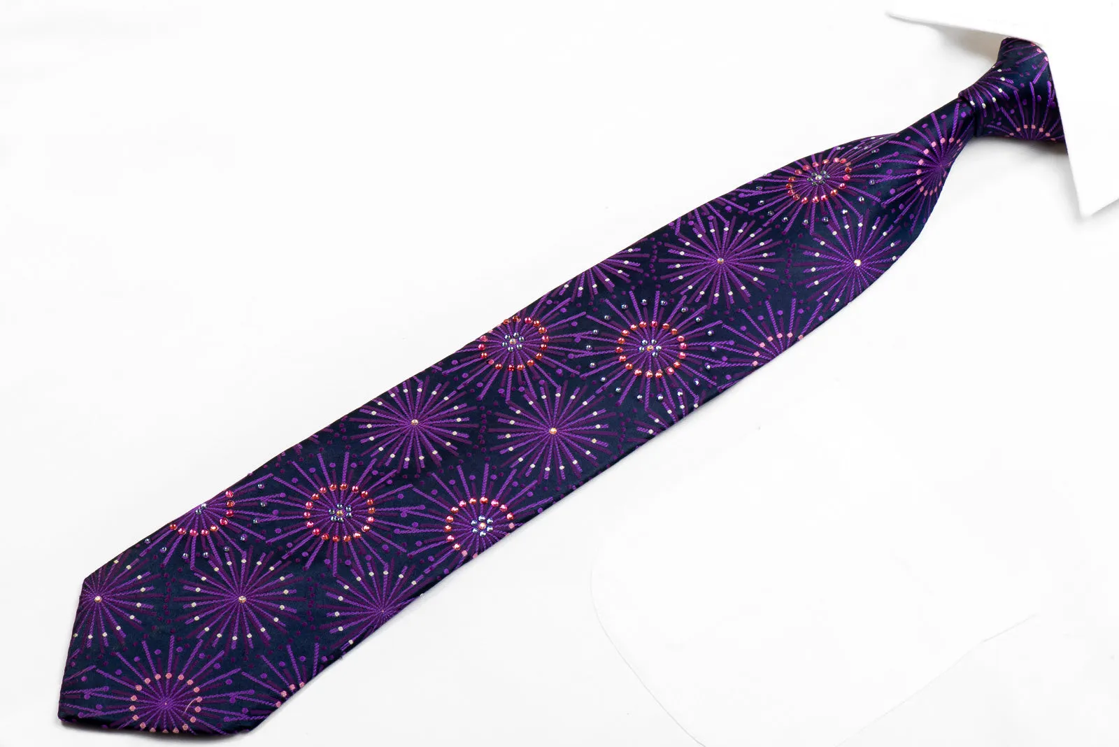 Lancetti Rhinestone Silk Necktie Purple Geometric On Navy