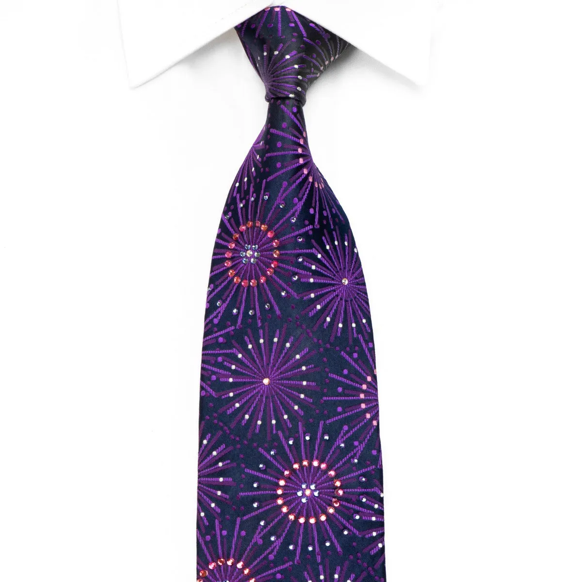 Lancetti Rhinestone Silk Necktie Purple Geometric On Navy