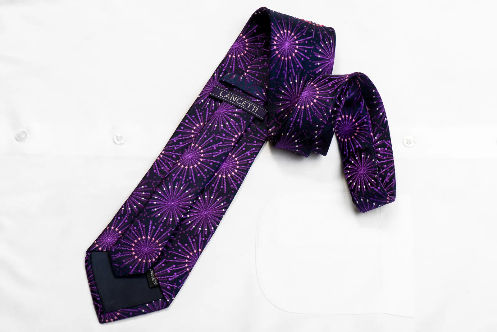 Lancetti Rhinestone Silk Necktie Purple Geometric On Navy