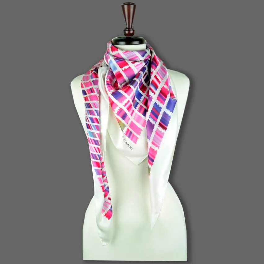 LARGE SILK SATIN SCARF - ETHNIC - Pink & Blue - 47x47"