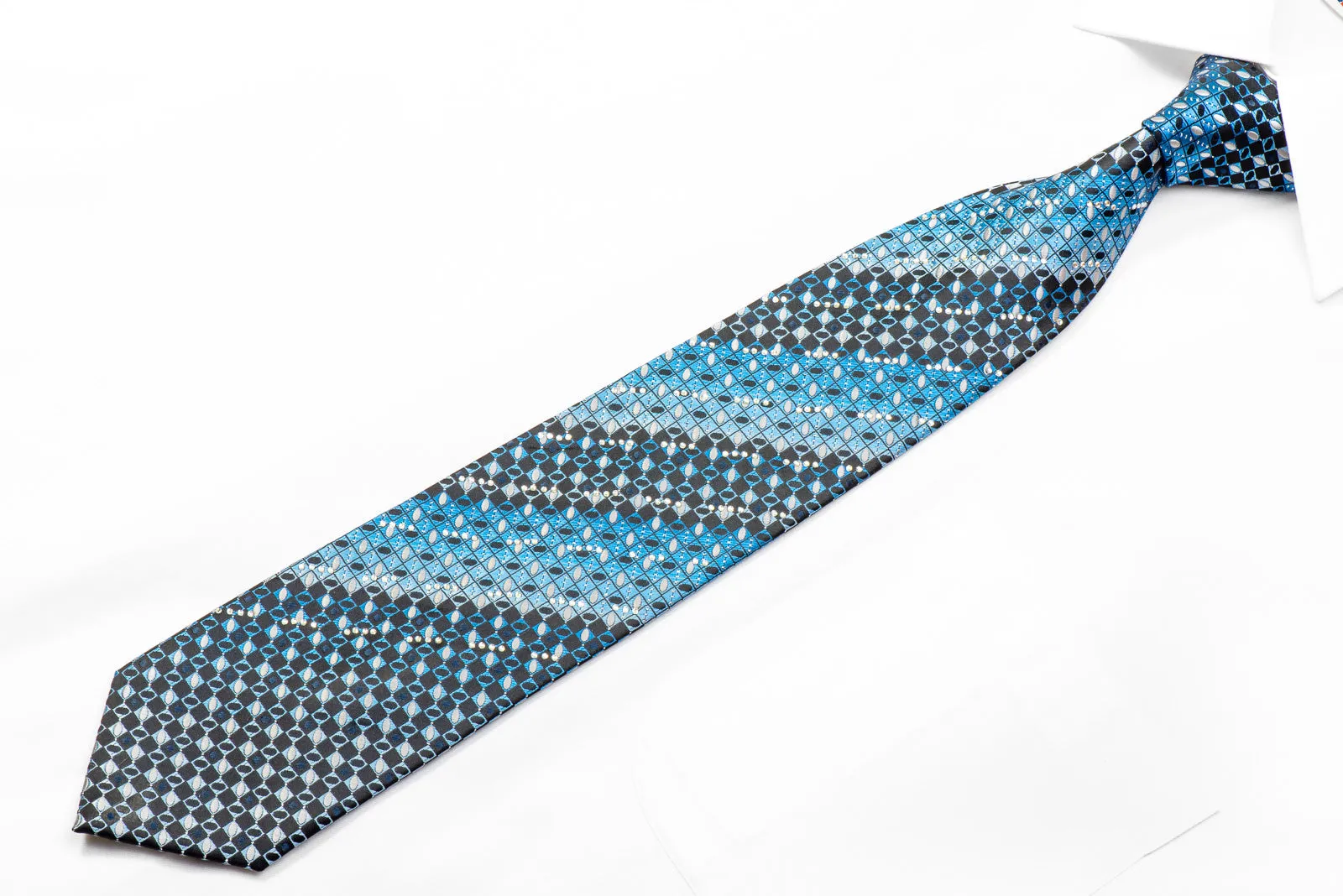 Manzini Neckwear Rhinestone Tie Blue Checkered On Black With Silver Sparkles