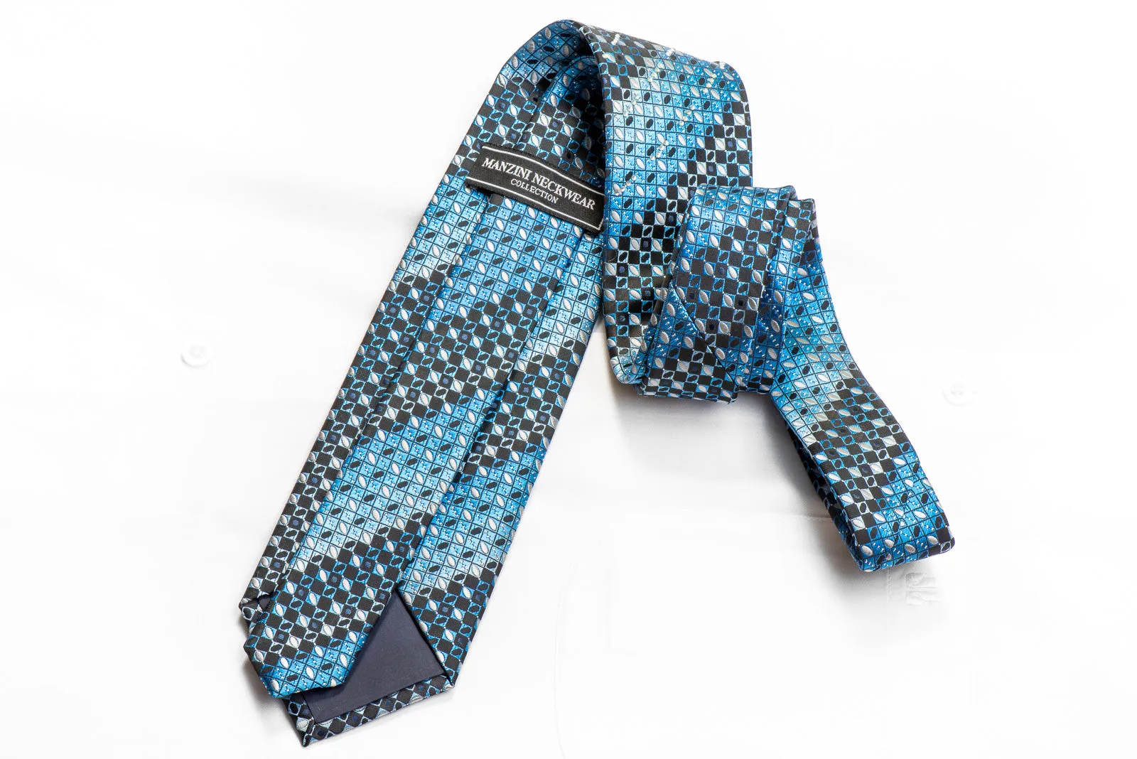 Manzini Neckwear Rhinestone Tie Blue Checkered On Black With Silver Sparkles