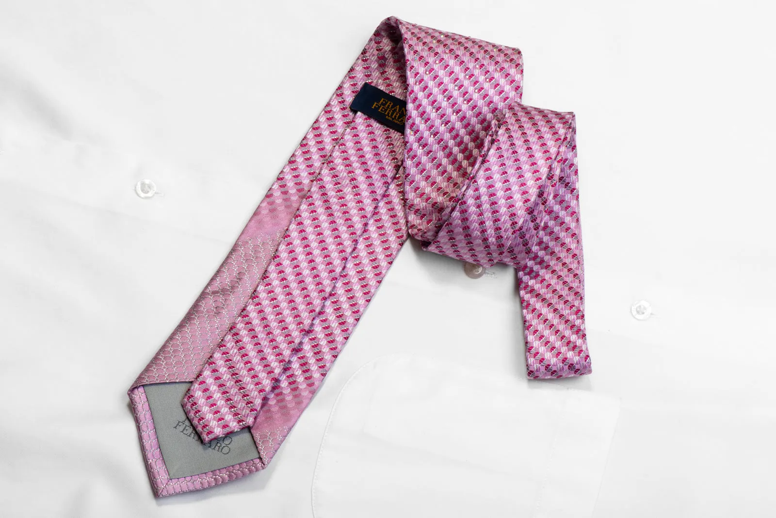 Men's Silk Necktie Geometric On Pink With Silver Sparkles By Franco Ferraro