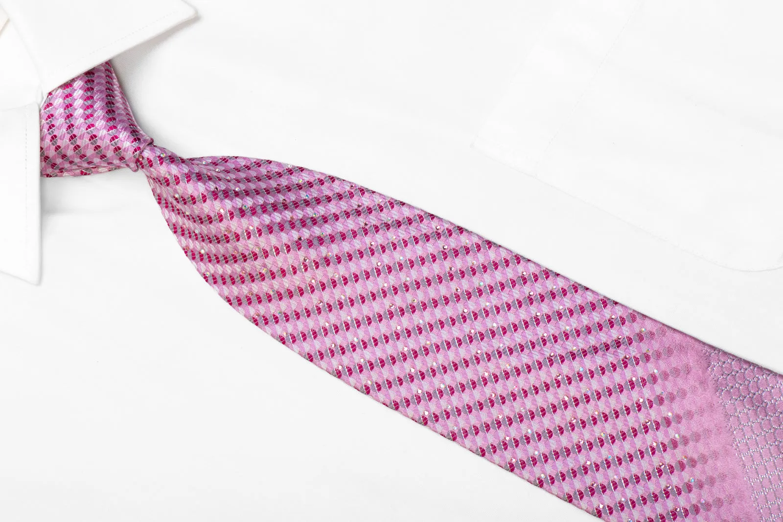 Men's Silk Necktie Geometric On Pink With Silver Sparkles By Franco Ferraro