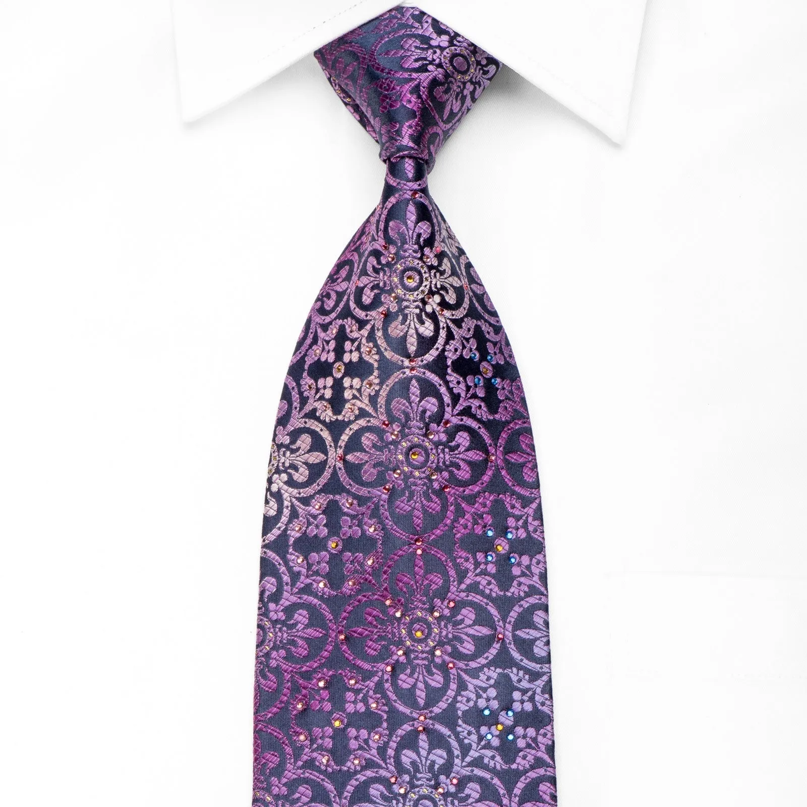 Mila Schon Men's Crystal Silk Necktie Purple Fleur de Lis On Navy With Sparkles