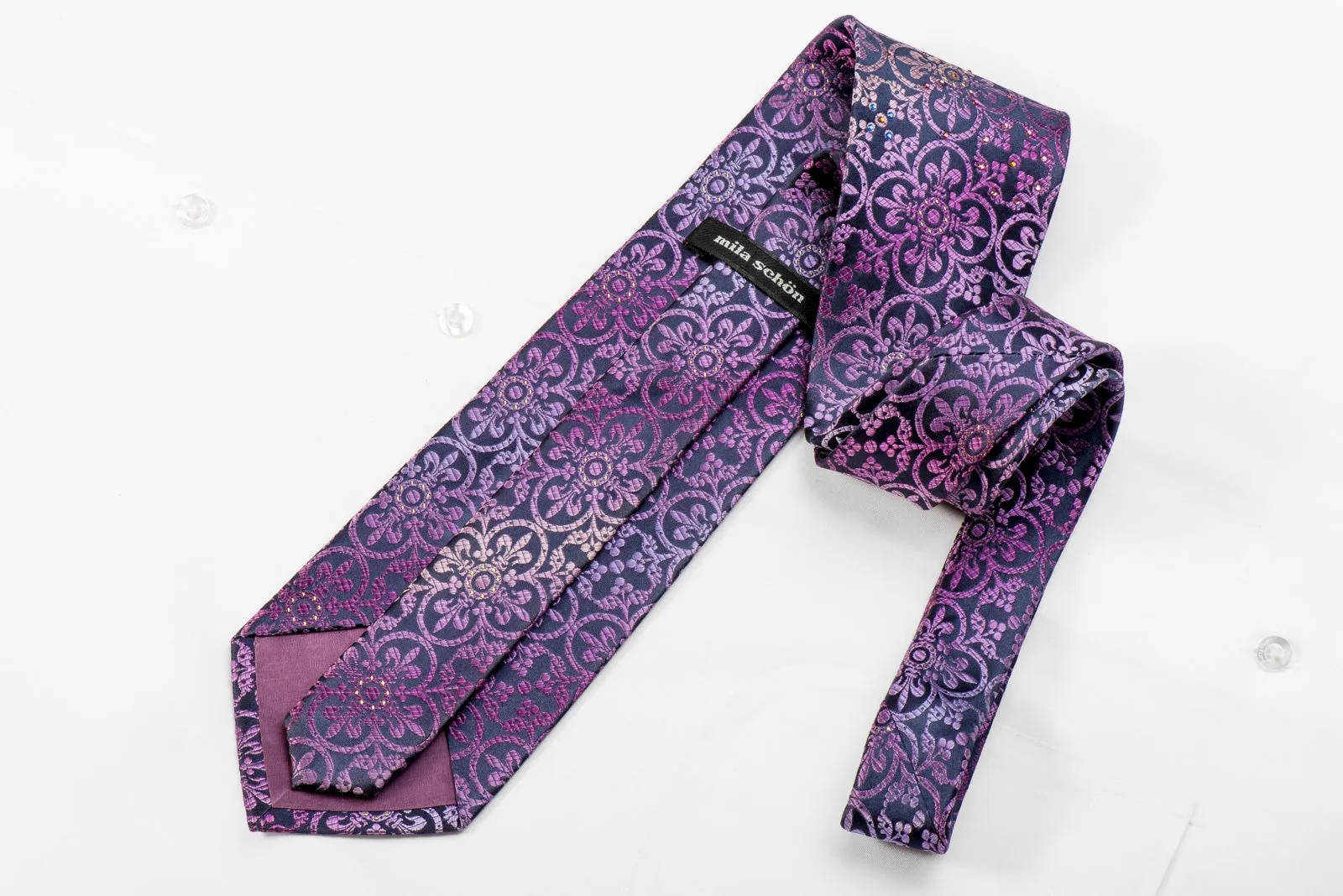 Mila Schon Men's Crystal Silk Necktie Purple Fleur de Lis On Navy With Sparkles