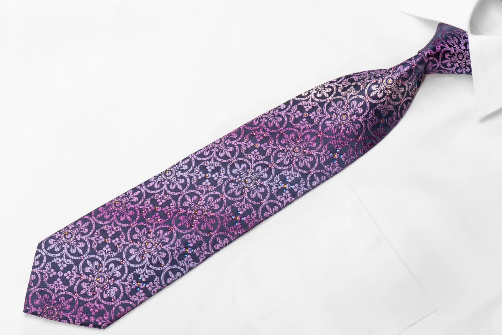 Mila Schon Men's Crystal Silk Necktie Purple Fleur de Lis On Navy With Sparkles