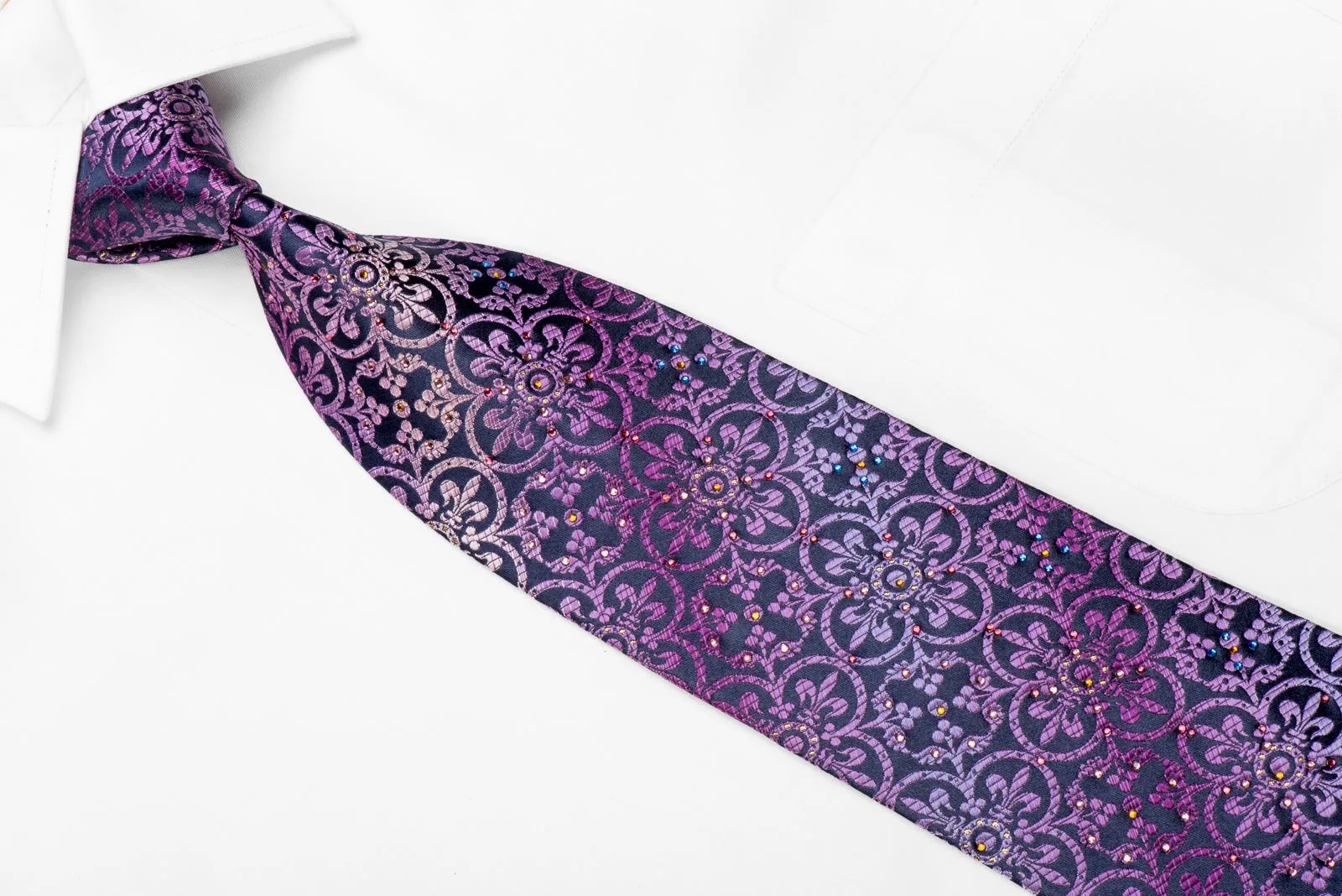 Mila Schon Men's Crystal Silk Necktie Purple Fleur de Lis On Navy With Sparkles