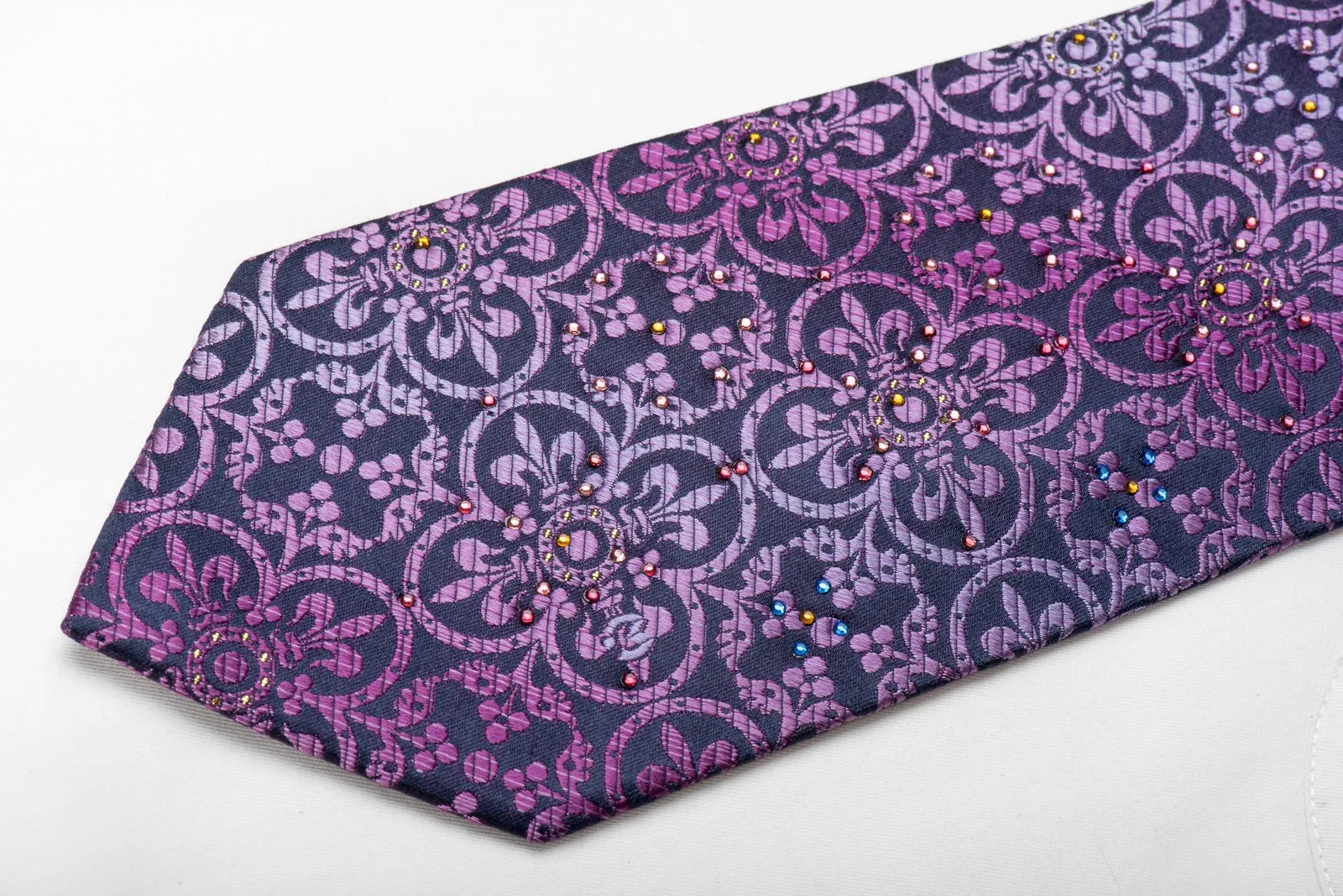 Mila Schon Men's Crystal Silk Necktie Purple Fleur de Lis On Navy With Sparkles