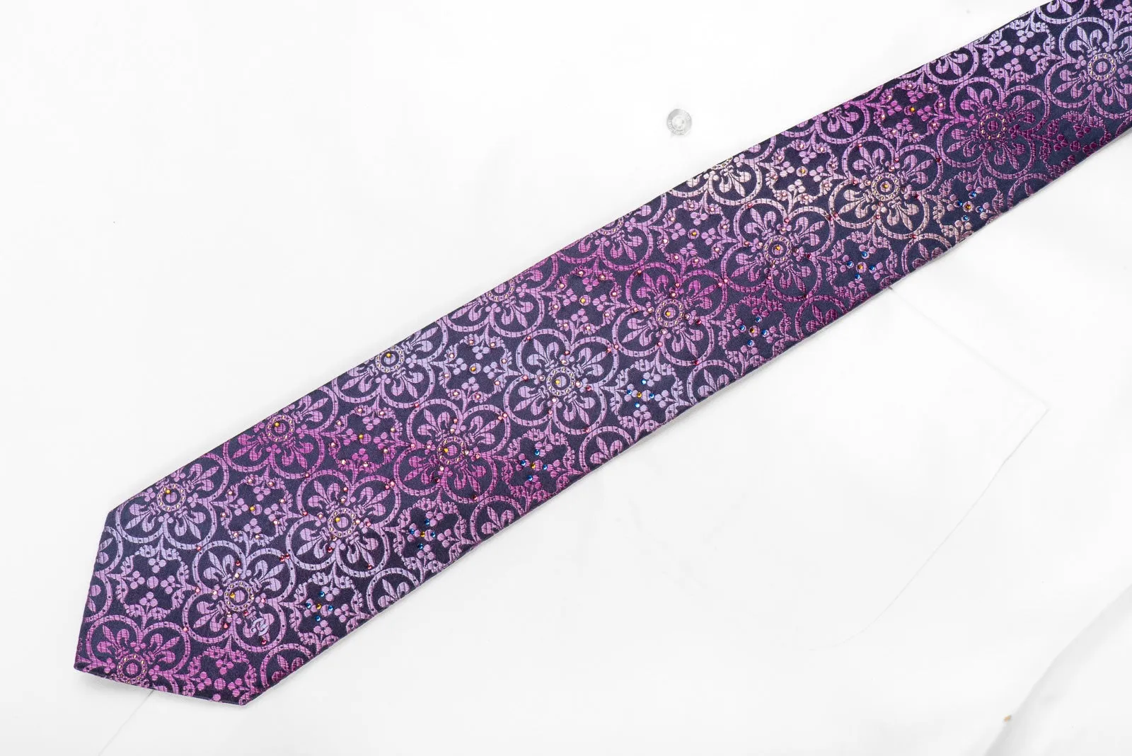 Mila Schon Men's Crystal Silk Necktie Purple Fleur de Lis On Navy With Sparkles