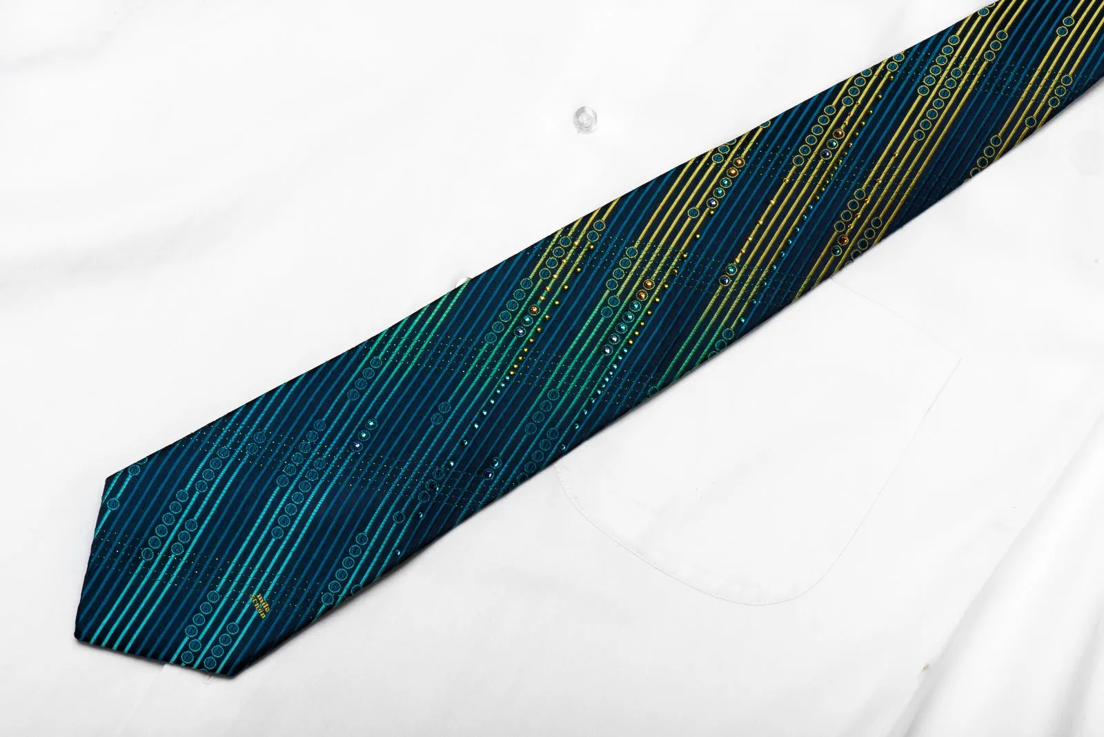 Mila Schon Men's Crystal Silk Necktie Teal Green Yellow Striped On Navy With Green Sparkles