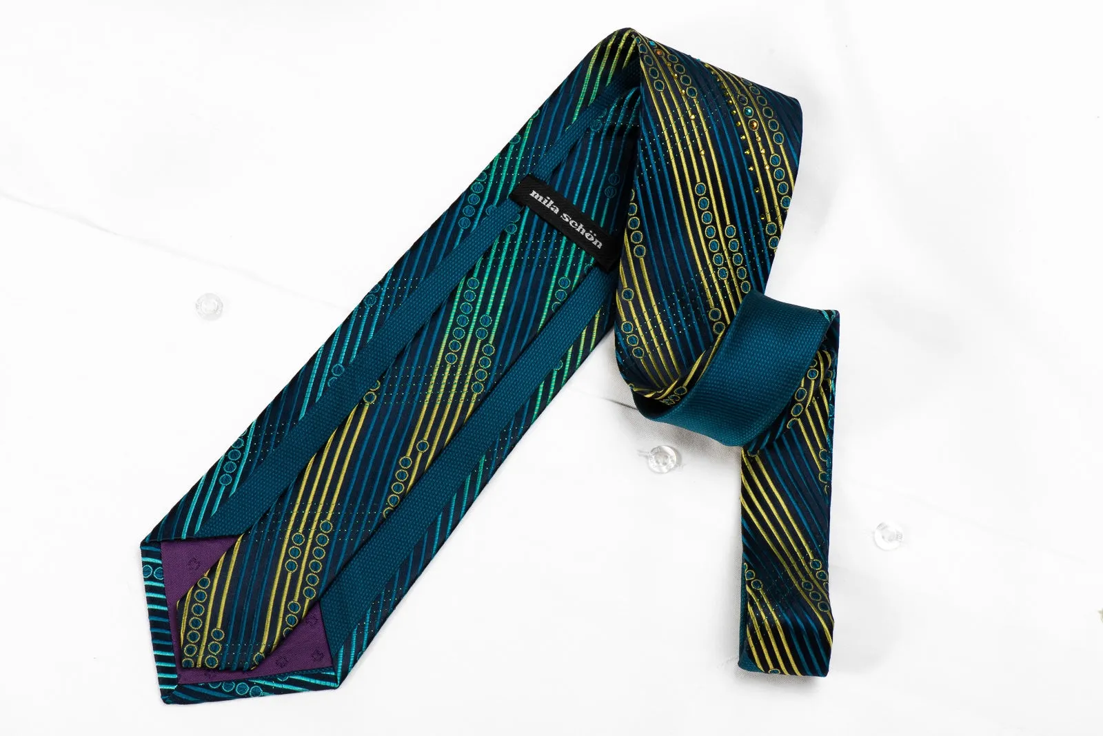 Mila Schon Men's Crystal Silk Necktie Teal Green Yellow Striped On Navy With Green Sparkles