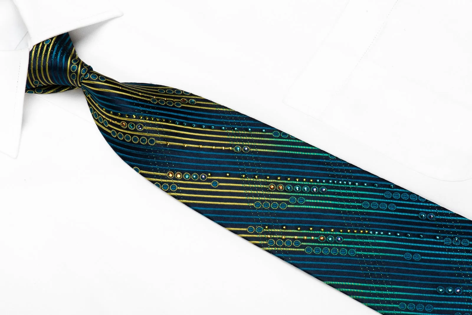 Mila Schon Men's Crystal Silk Necktie Teal Green Yellow Striped On Navy With Green Sparkles