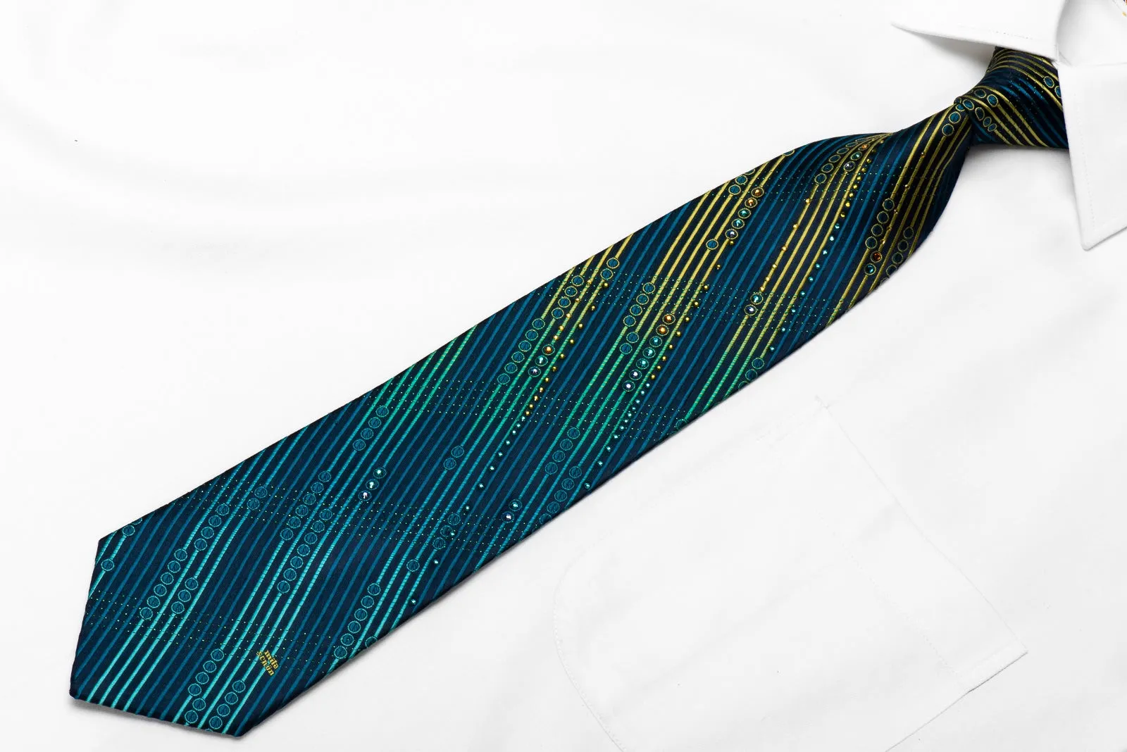 Mila Schon Men's Crystal Silk Necktie Teal Green Yellow Striped On Navy With Green Sparkles