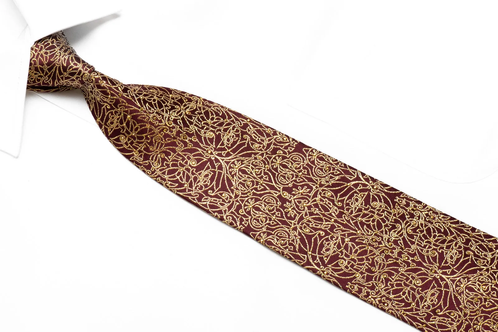 Mila Schon Men's Crystal Silk Tie Gold Damask On Burgundy With Gold Sparkles