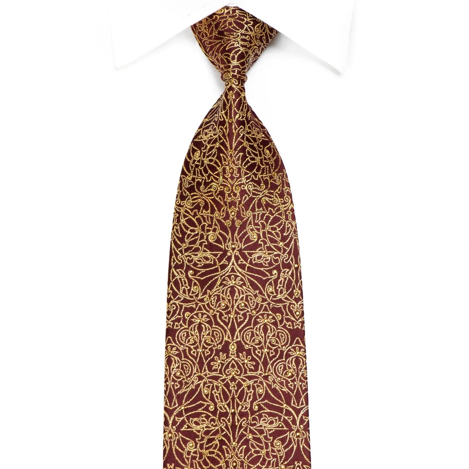 Mila Schon Men's Crystal Silk Tie Gold Damask On Burgundy With Gold Sparkles