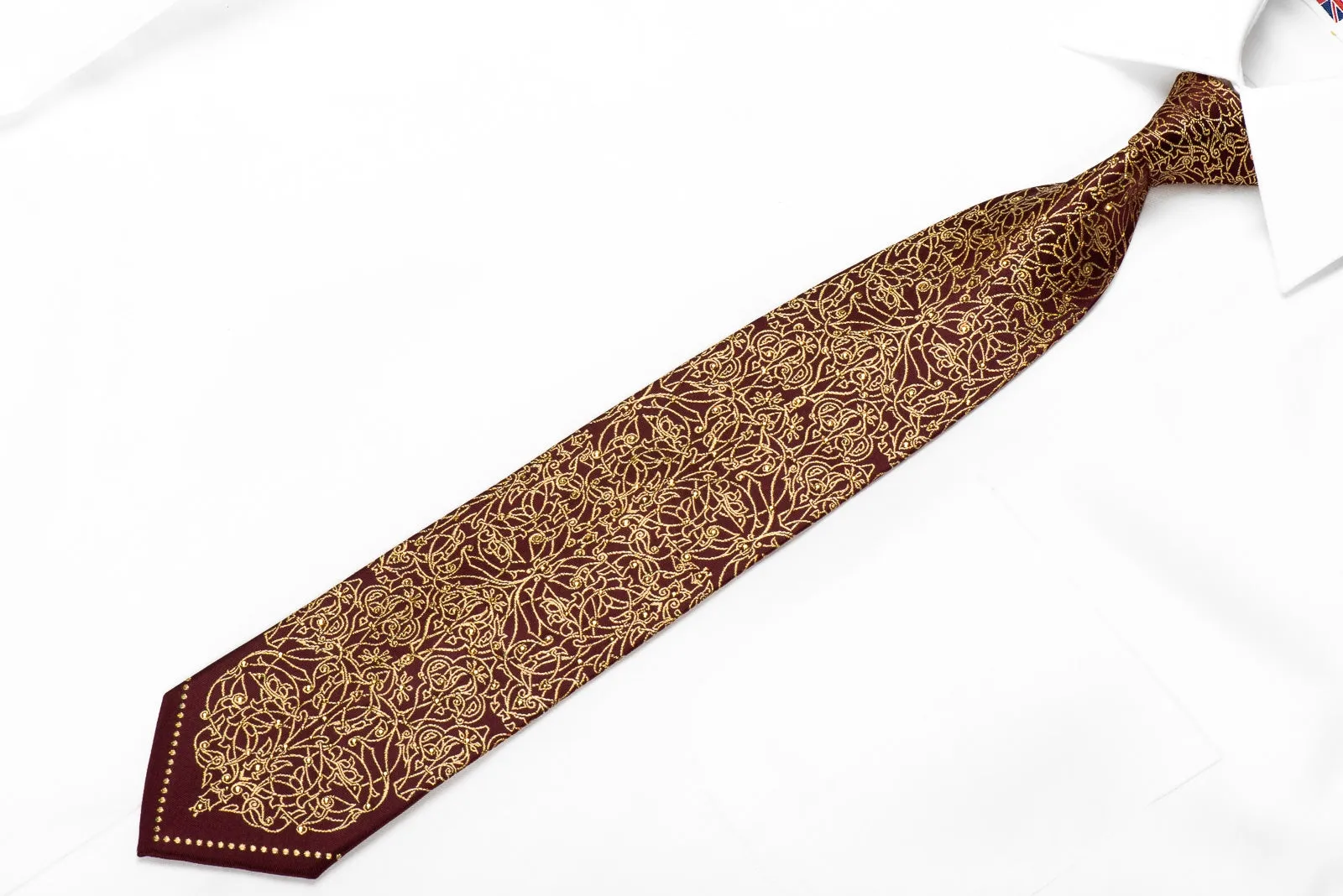 Mila Schon Men's Crystal Silk Tie Gold Damask On Burgundy With Gold Sparkles