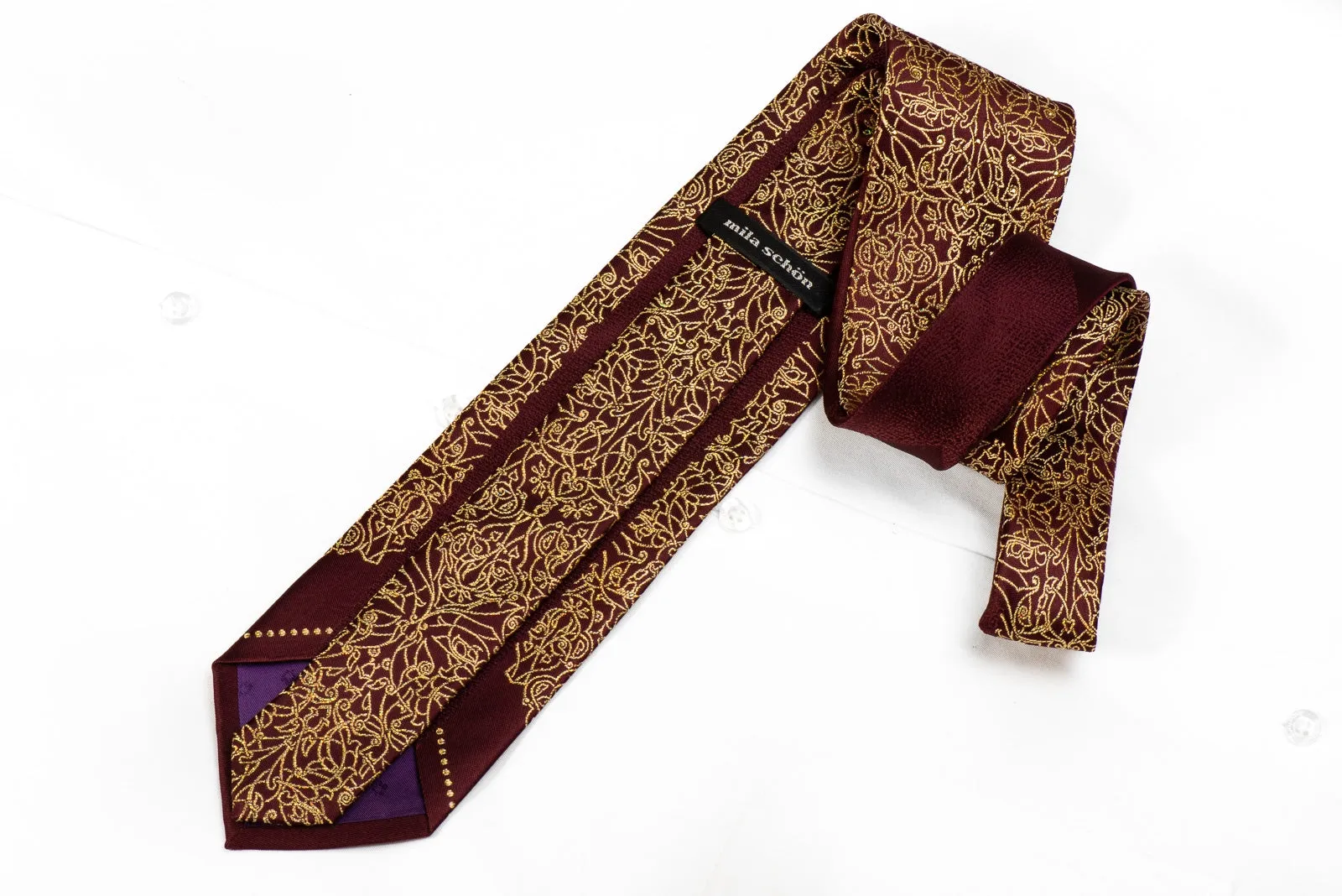 Mila Schon Men's Crystal Silk Tie Gold Damask On Burgundy With Gold Sparkles