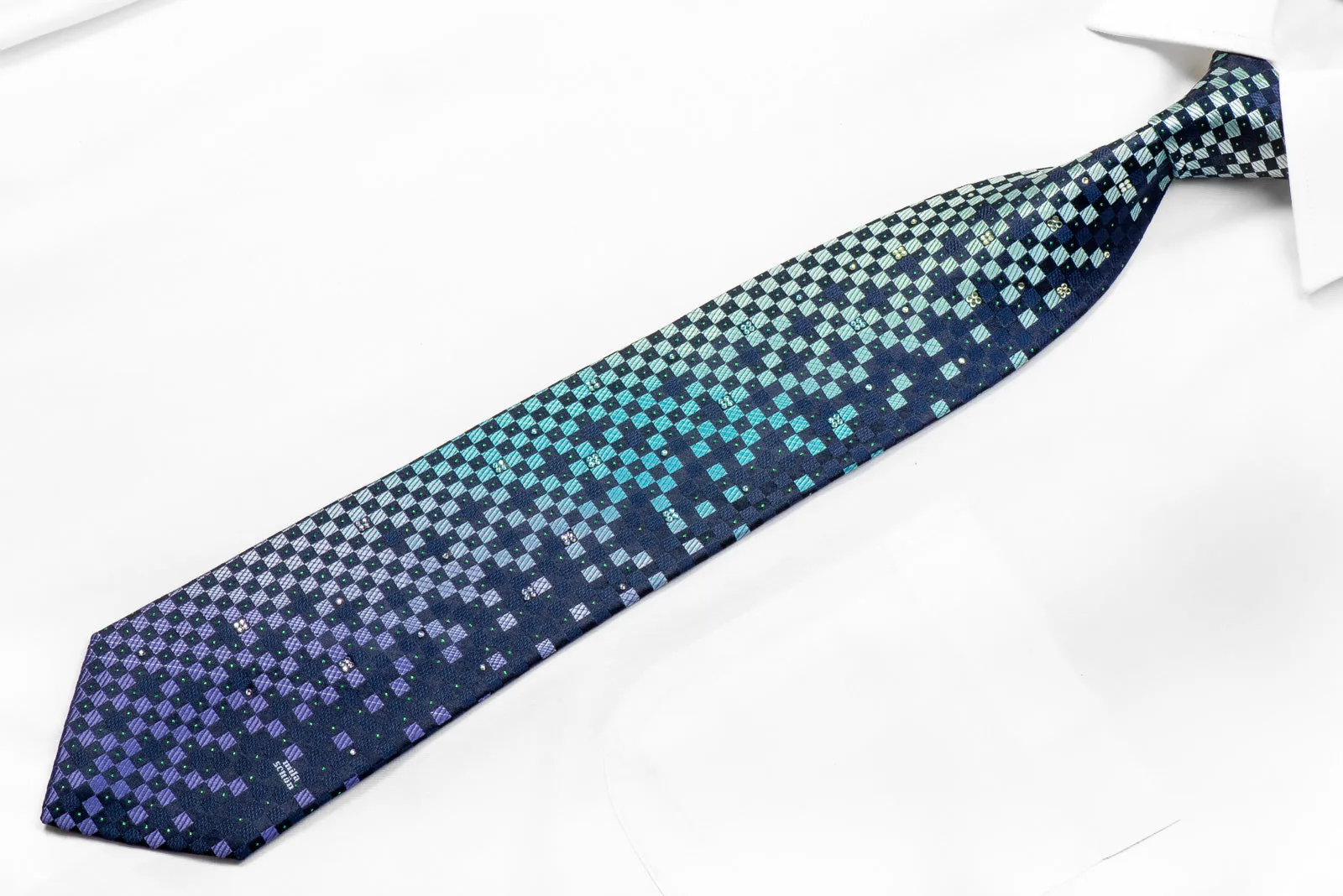 Mila Schon Rhinestone Necktie Teal Purple Checker On Navy With Sparkles Rhinestone Necktie Teal Purple Checker On Navy With Sparkles