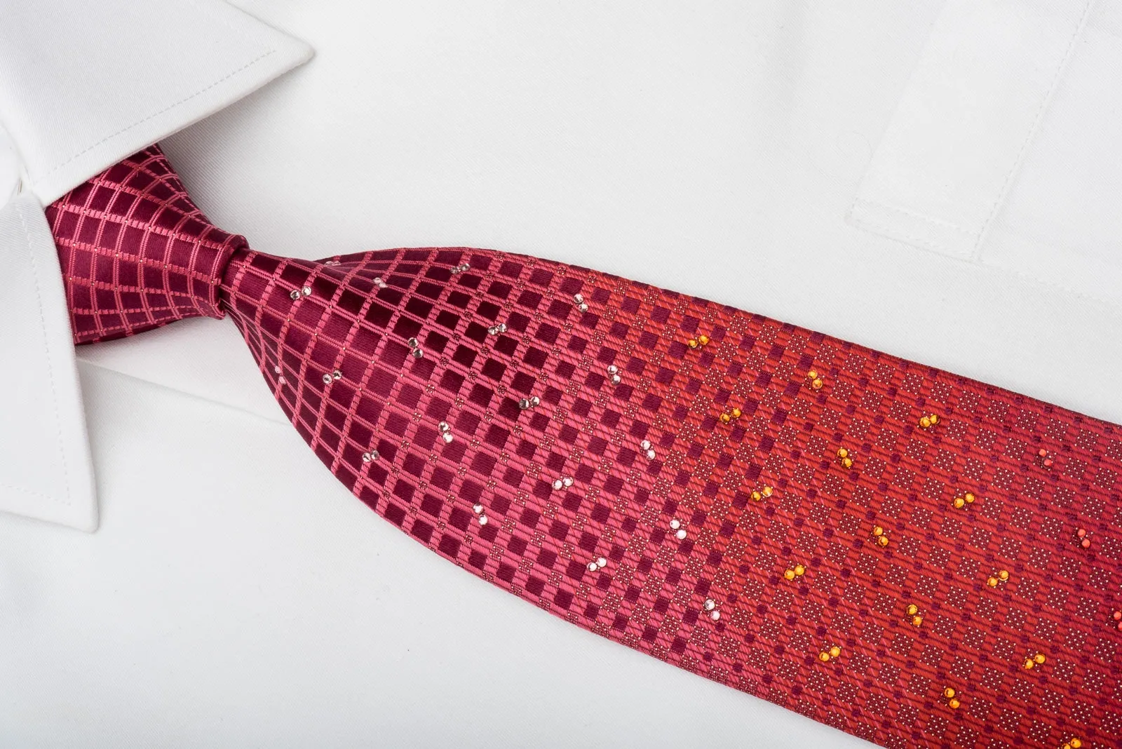 Mila Schon Rhinestone Silk Necktie Geometric Squares On Red With Gold Sparkles