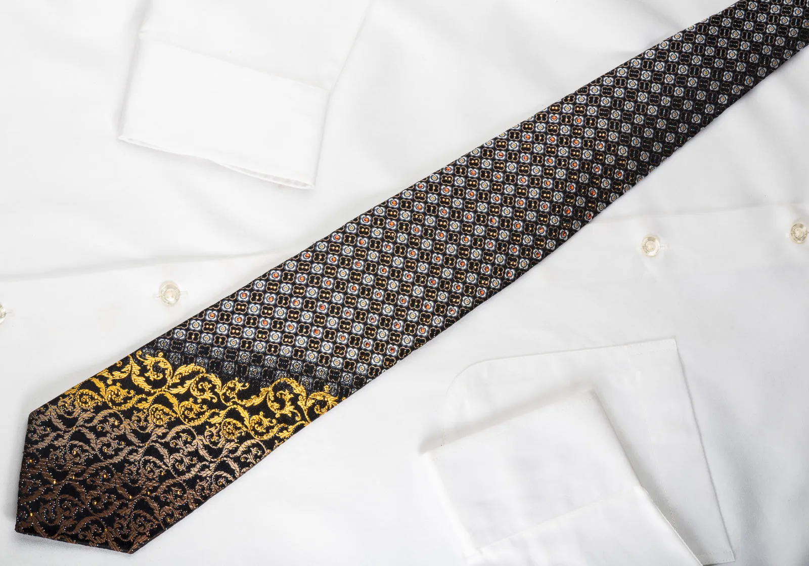 Mila Schon Rhinestone Silk Necktie Quatrefoil On Black With Golden Sparkles