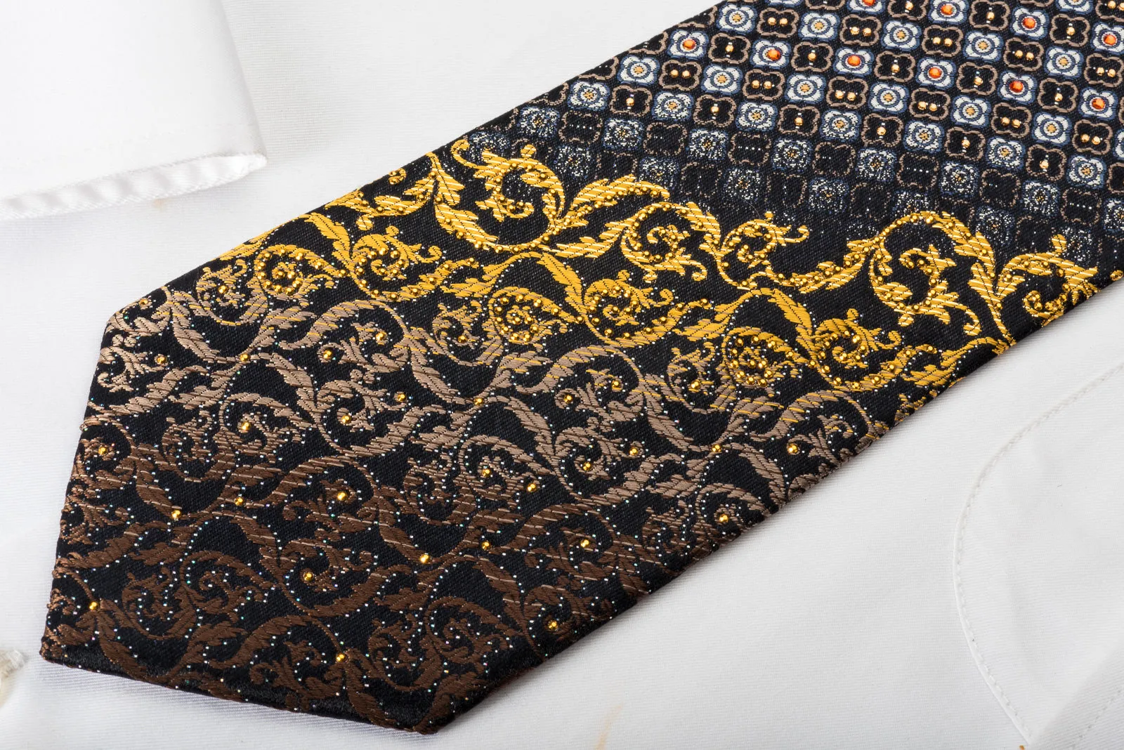 Mila Schon Rhinestone Silk Necktie Quatrefoil On Black With Golden Sparkles