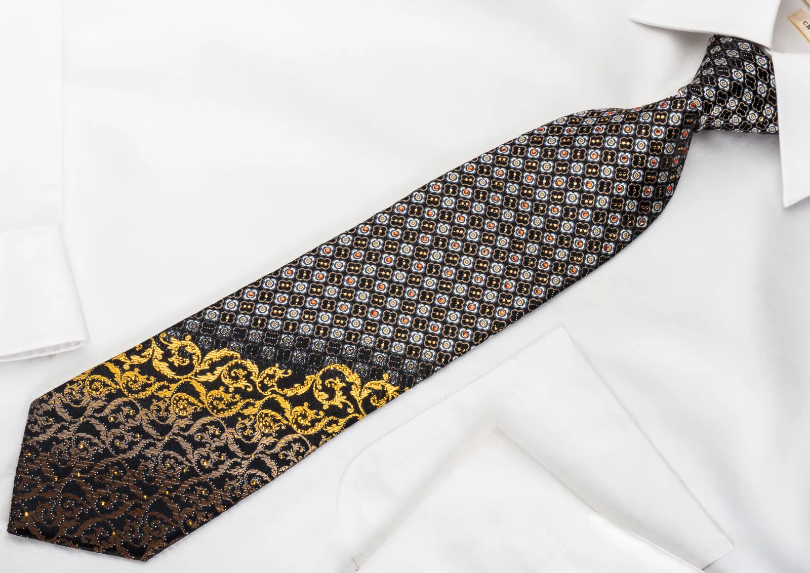 Mila Schon Rhinestone Silk Necktie Quatrefoil On Black With Golden Sparkles