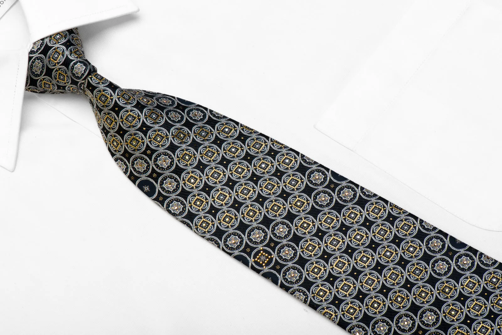 Mila Schon Rhinestone Silk Necktie Silver Gold Medallions On Black Navy