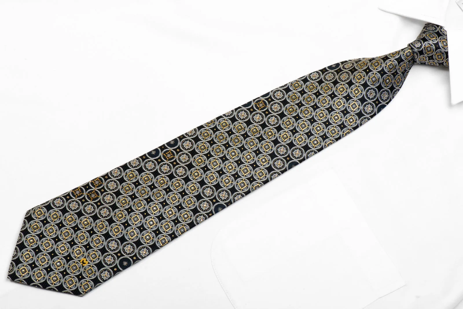 Mila Schon Rhinestone Silk Necktie Silver Gold Medallions On Black Navy