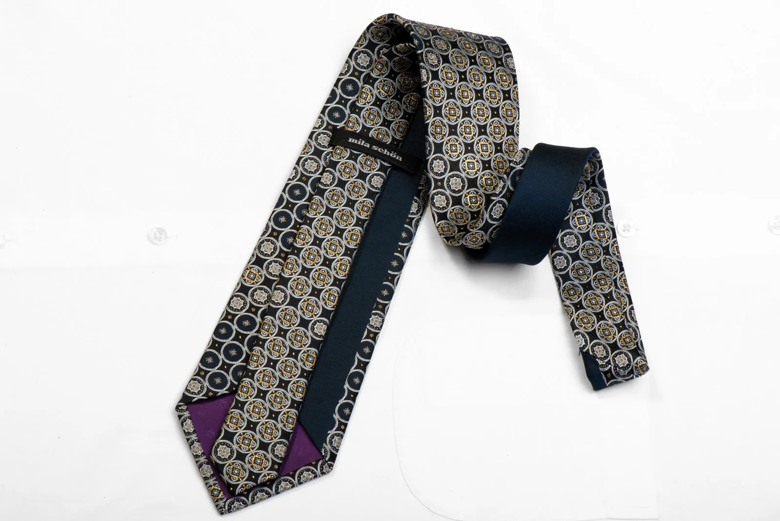 Mila Schon Rhinestone Silk Necktie Silver Gold Medallions On Black Navy