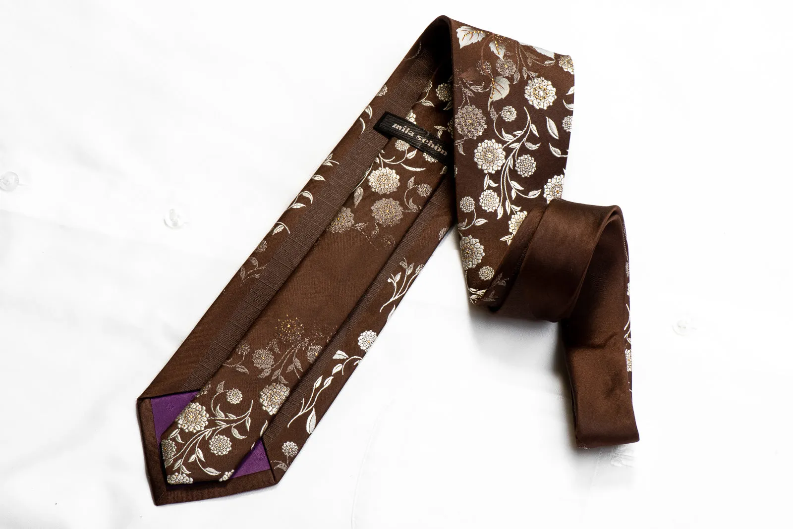 Mila Schon Rhinestone Tie Floral On Brown Silk