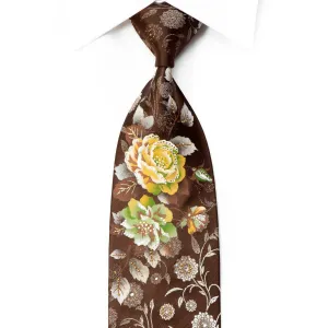 Mila Schon Rhinestone Tie Floral On Brown Silk