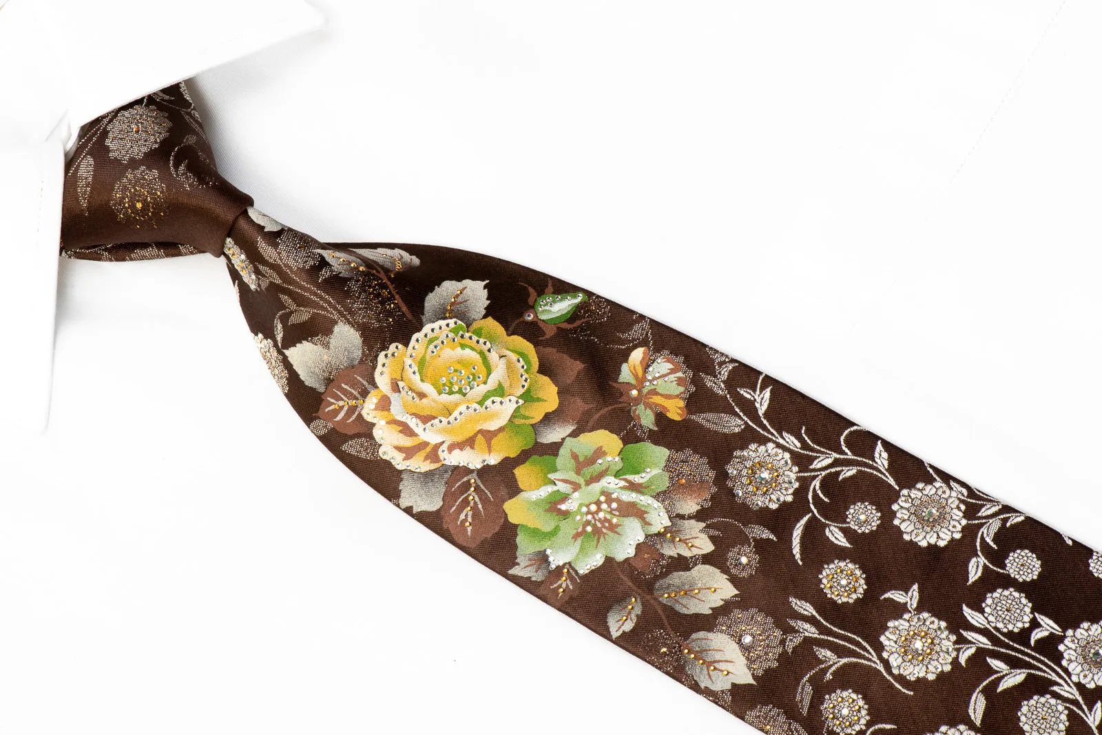 Mila Schon Rhinestone Tie Floral On Brown Silk