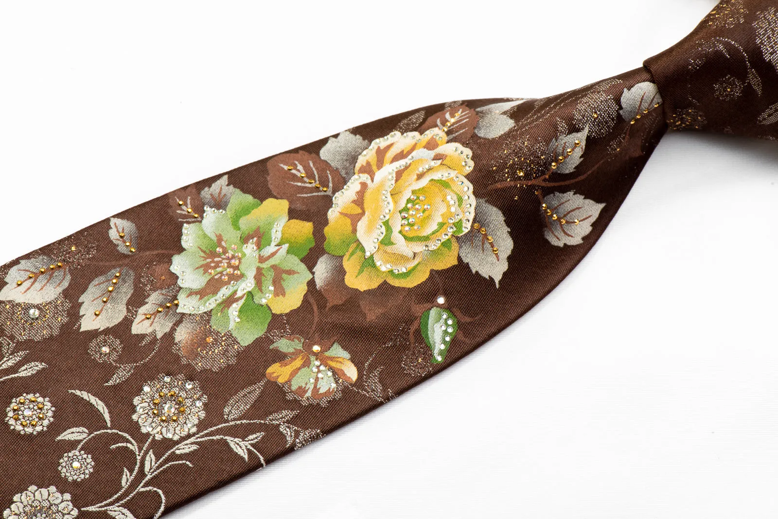 Mila Schon Rhinestone Tie Floral On Brown Silk