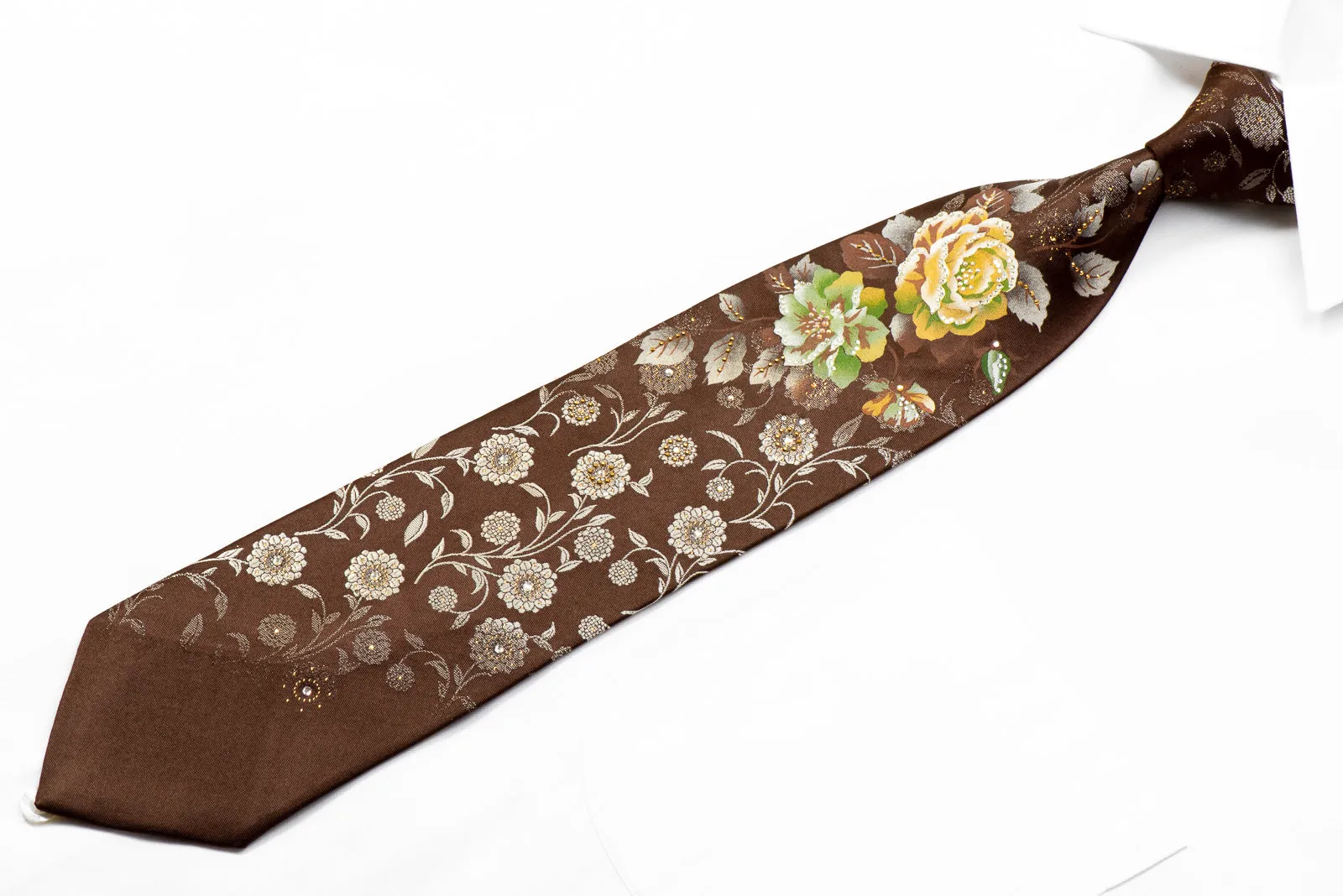 Mila Schon Rhinestone Tie Floral On Brown Silk