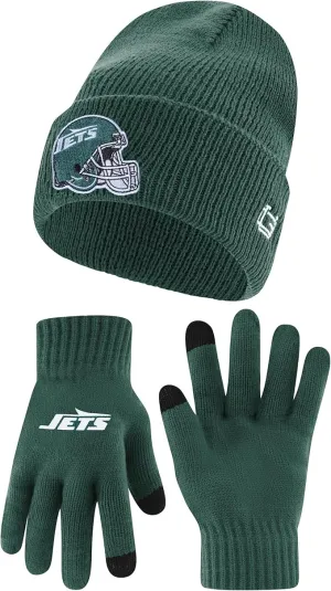 NFL Official Adults Super Soft Heritage Logo Winter Beanie Knit Hat with Extra Warm Touch Screen Gloves|New York Jets