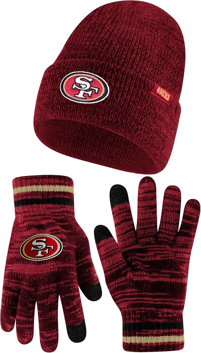 NFL Official Super Soft Marl Knit Winter Beanie Knit Hat with Extra Warm Touch Screen Gloves|San Francisco 49ers