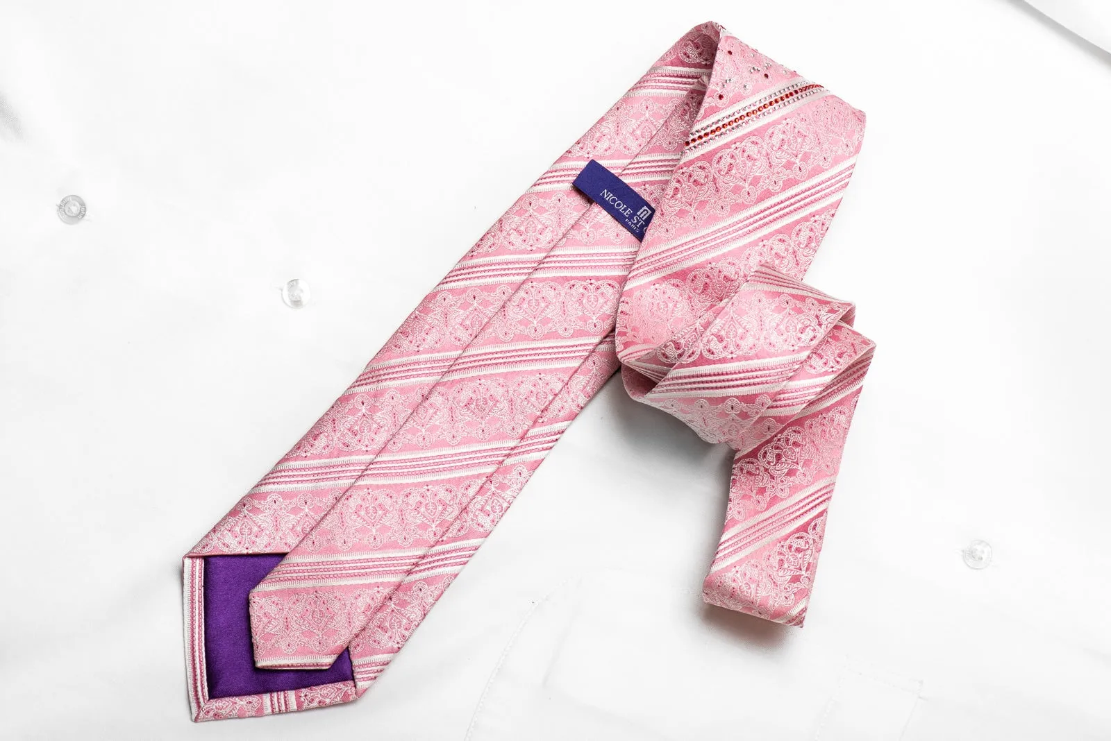 Nicole St Giles Mens Crystal Silk Necktie White Stripes & Cartouche On Pink With Sparkles