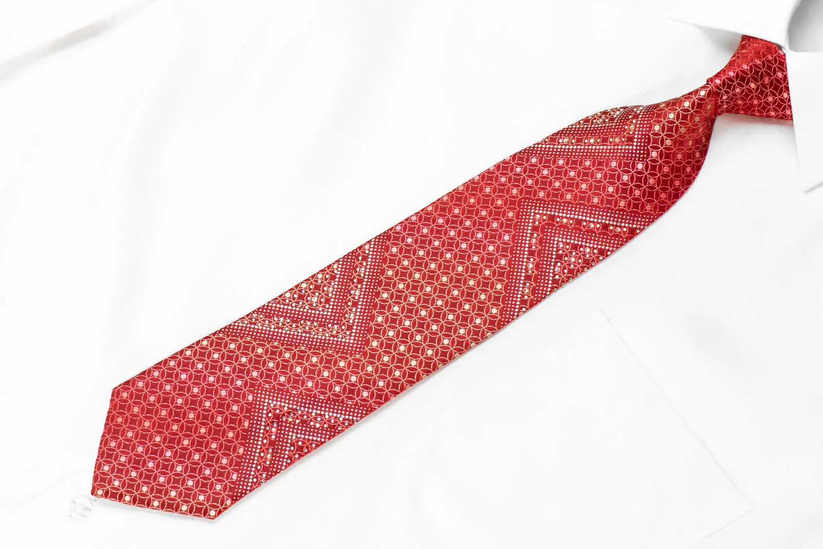 Nina Ricci Mens Rhinestone Silk Necktie Interlocking Circles On Red With Sparkles