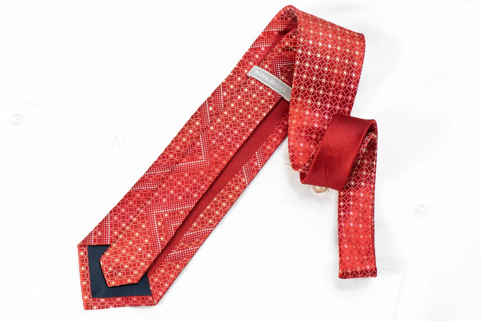 Nina Ricci Mens Rhinestone Silk Necktie Interlocking Circles On Red With Sparkles