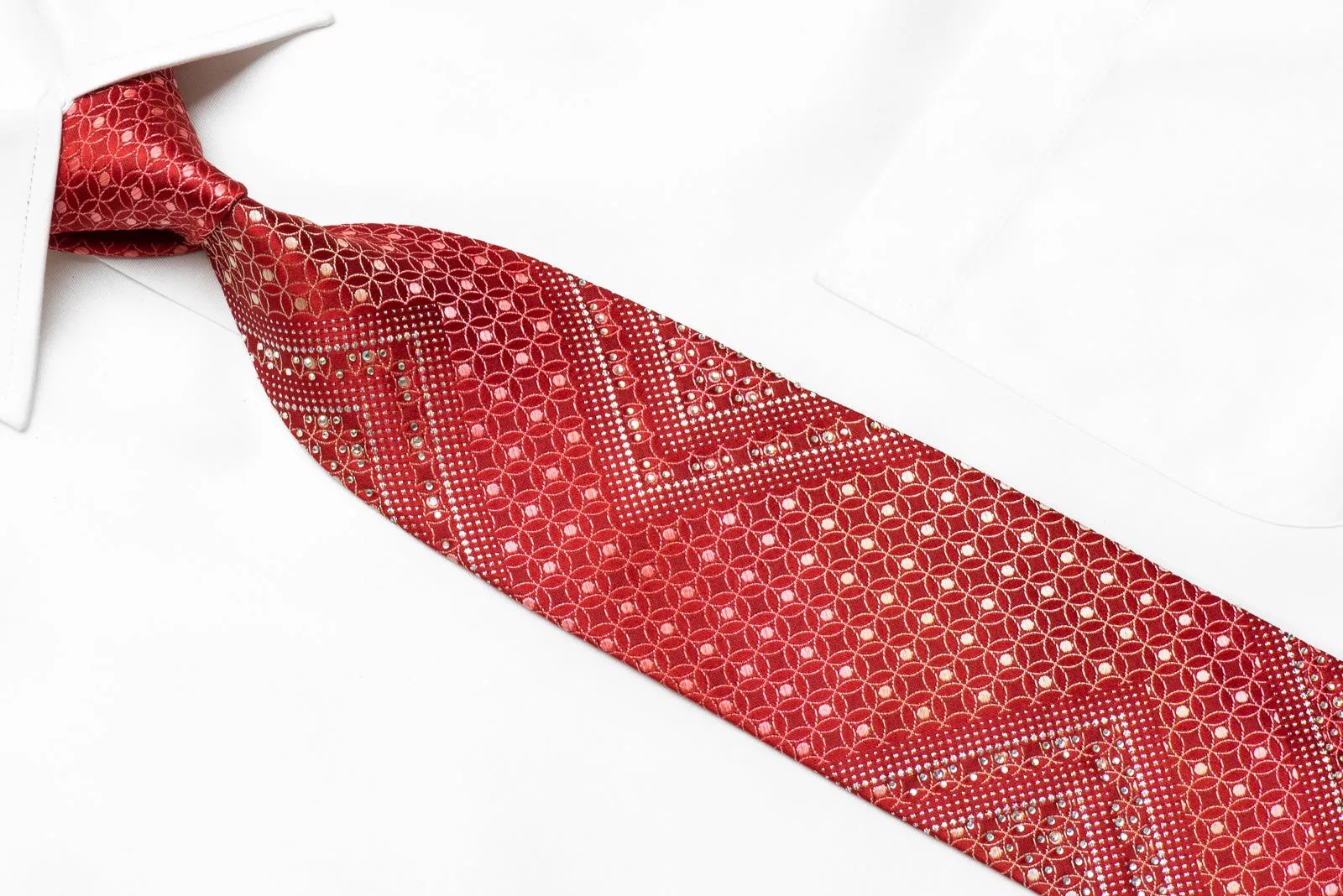 Nina Ricci Mens Rhinestone Silk Necktie Interlocking Circles On Red With Sparkles