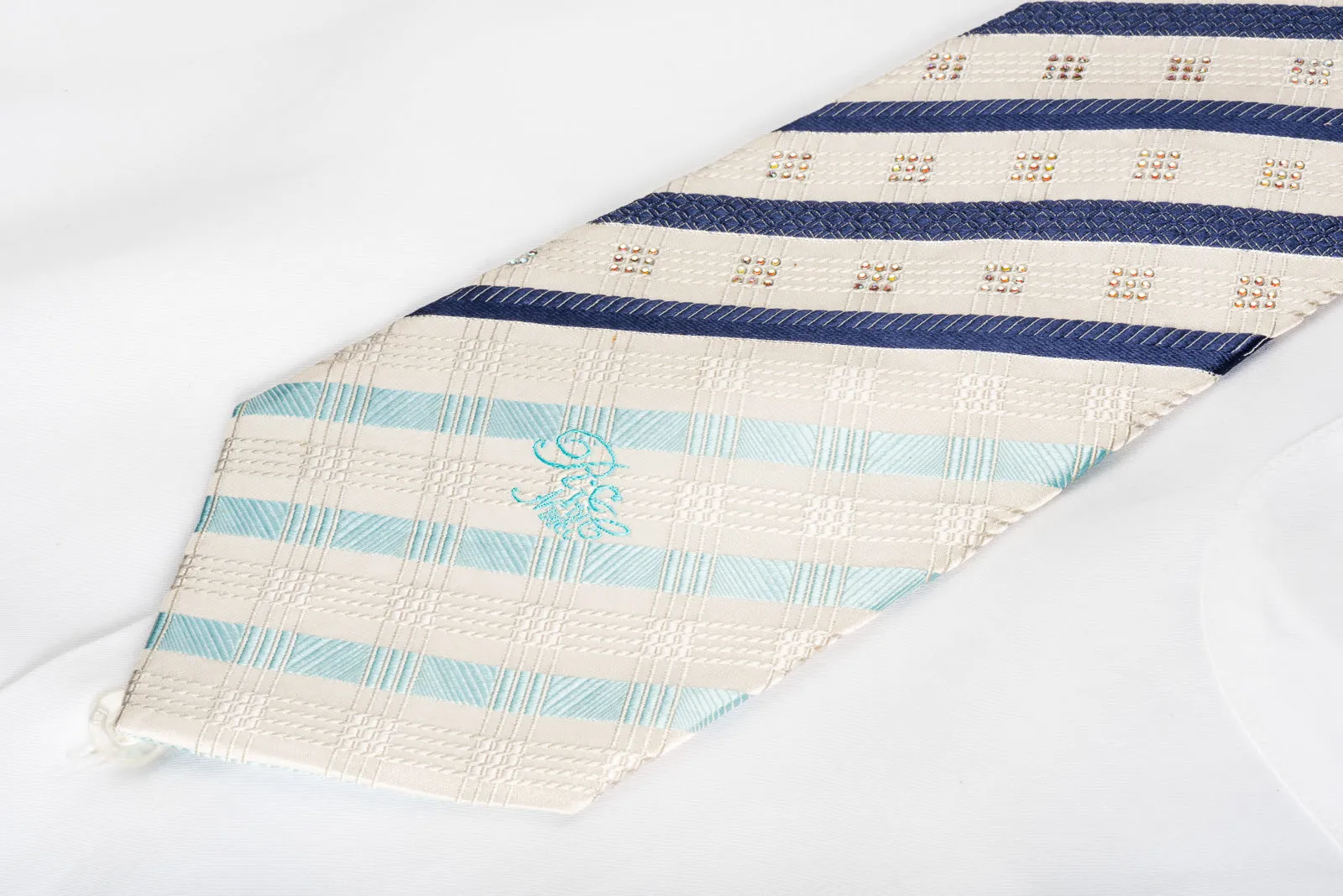 Nina Ricci Rhinestone Silk Necktie Blue Striped On White With Sparkles