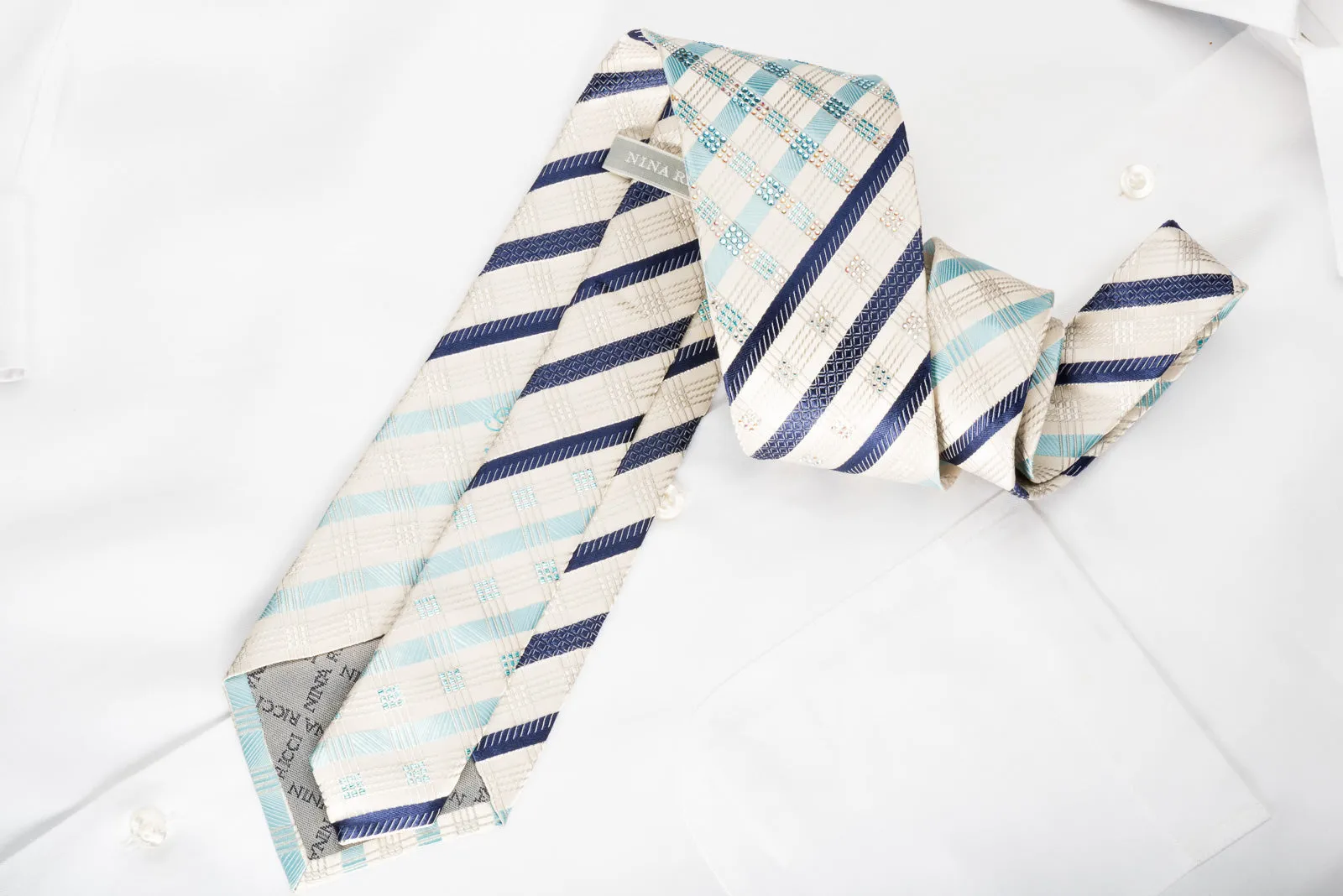 Nina Ricci Rhinestone Silk Necktie Blue Striped On White With Sparkles