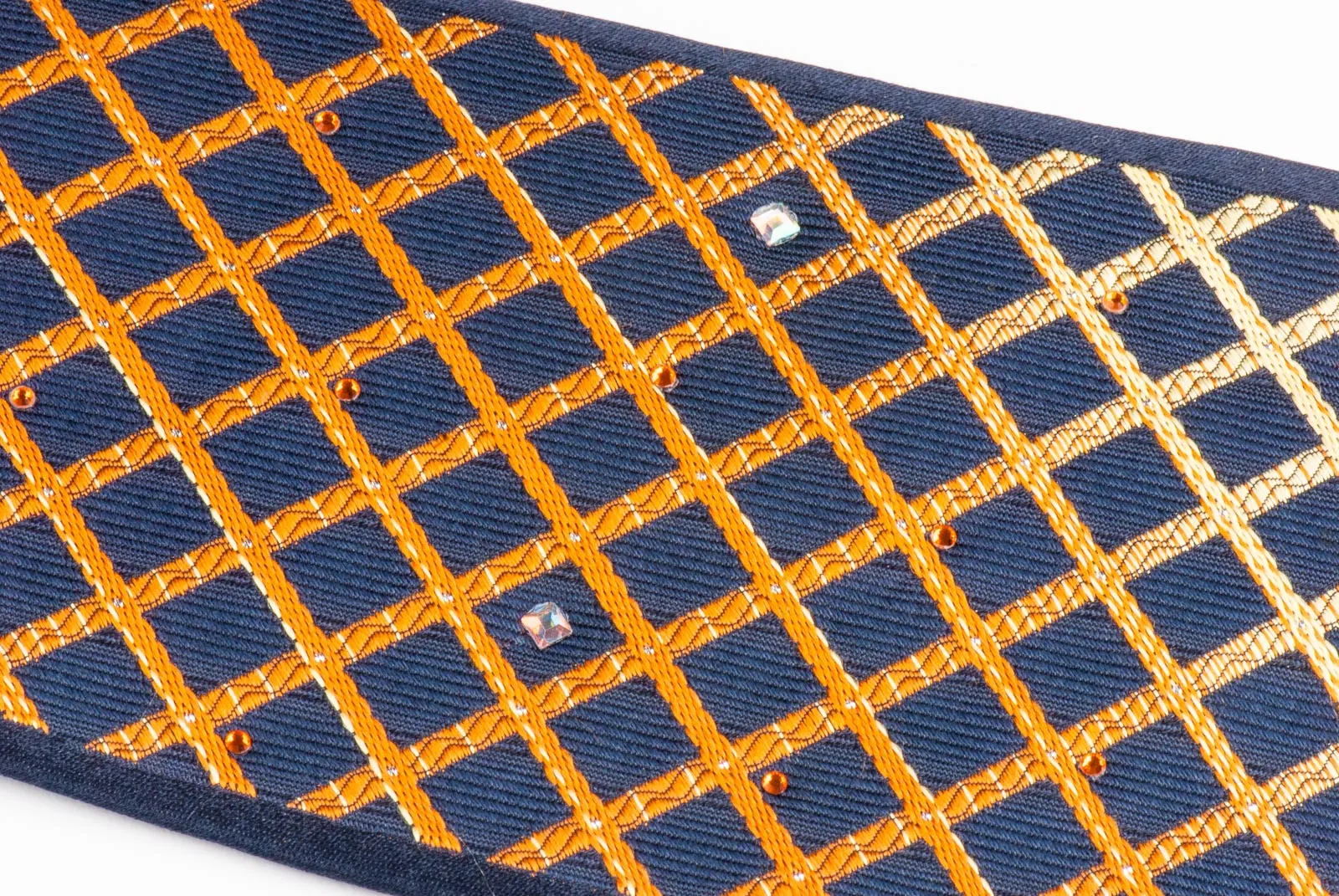 Nina Ricci Woven Silk Neck Tie Orange Yellow Checks On Black With Rhinestones