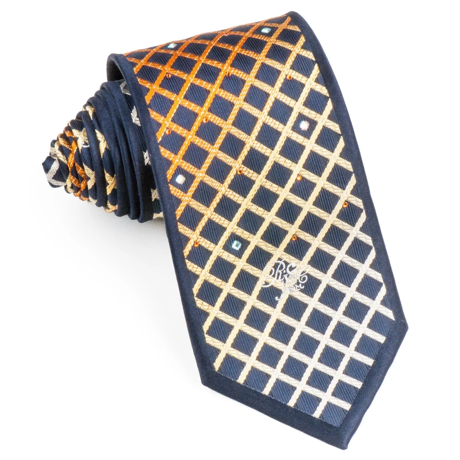 Nina Ricci Woven Silk Neck Tie Orange Yellow Checks On Black With Rhinestones