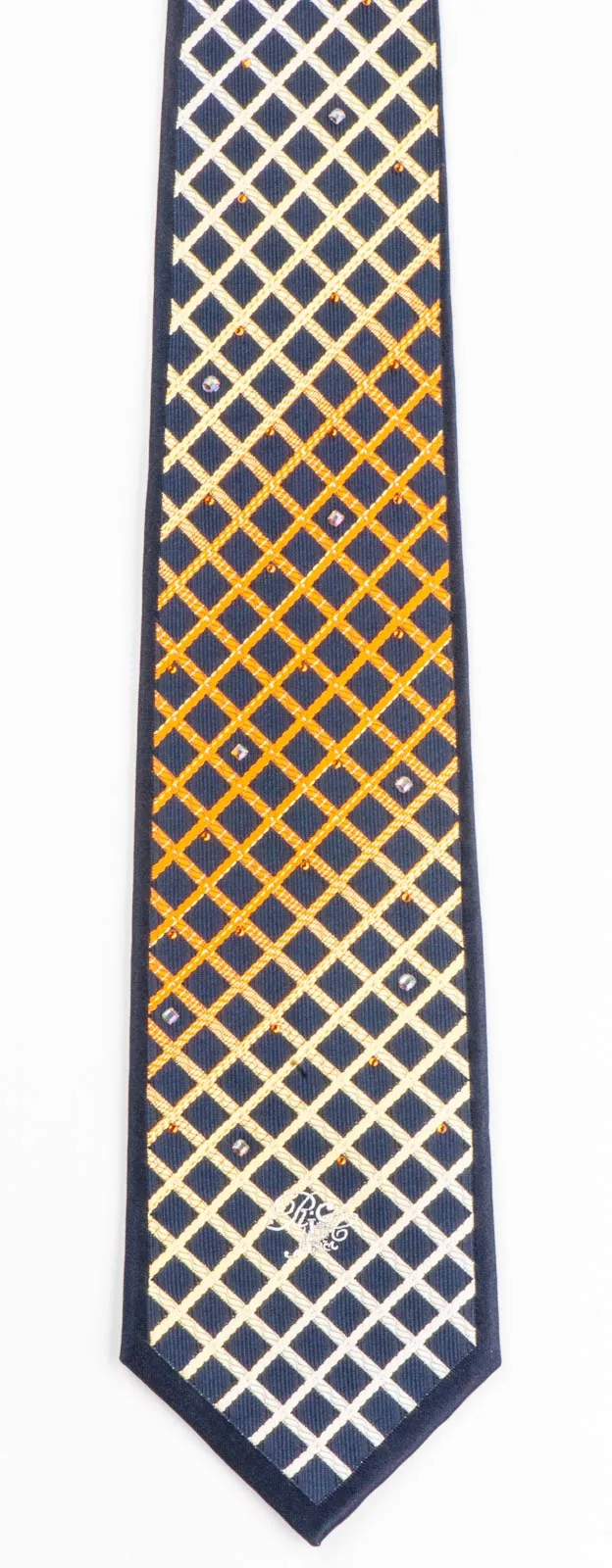 Nina Ricci Woven Silk Neck Tie Orange Yellow Checks On Black With Rhinestones