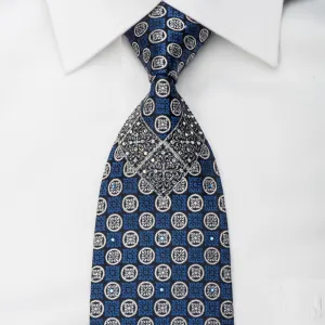 Perry Ellis Rhinestone Silk Necktie Blue Silver Cartouche On Black With Silver Sparkles