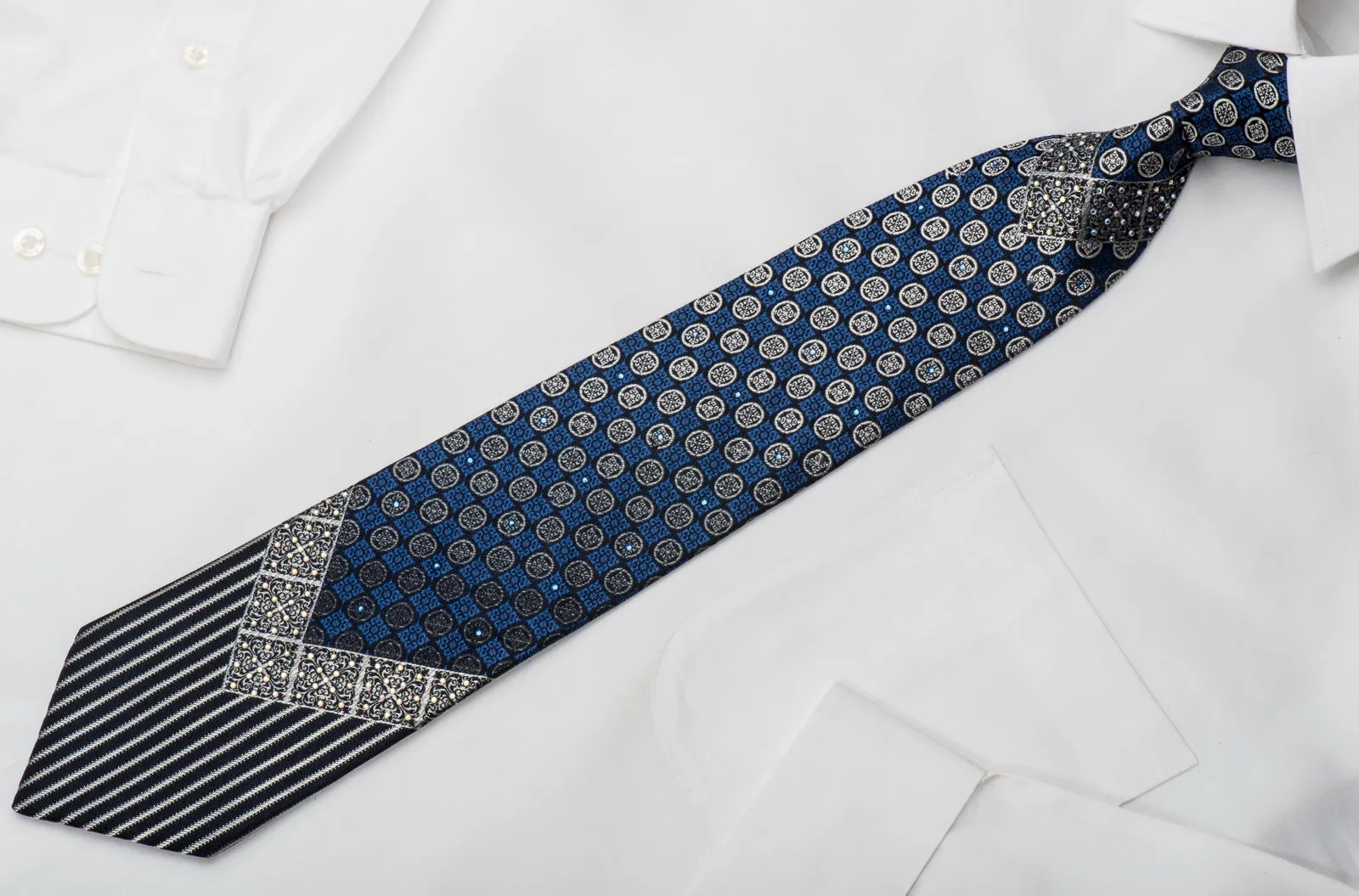 Perry Ellis Rhinestone Silk Necktie Blue Silver Cartouche On Black With Silver Sparkles