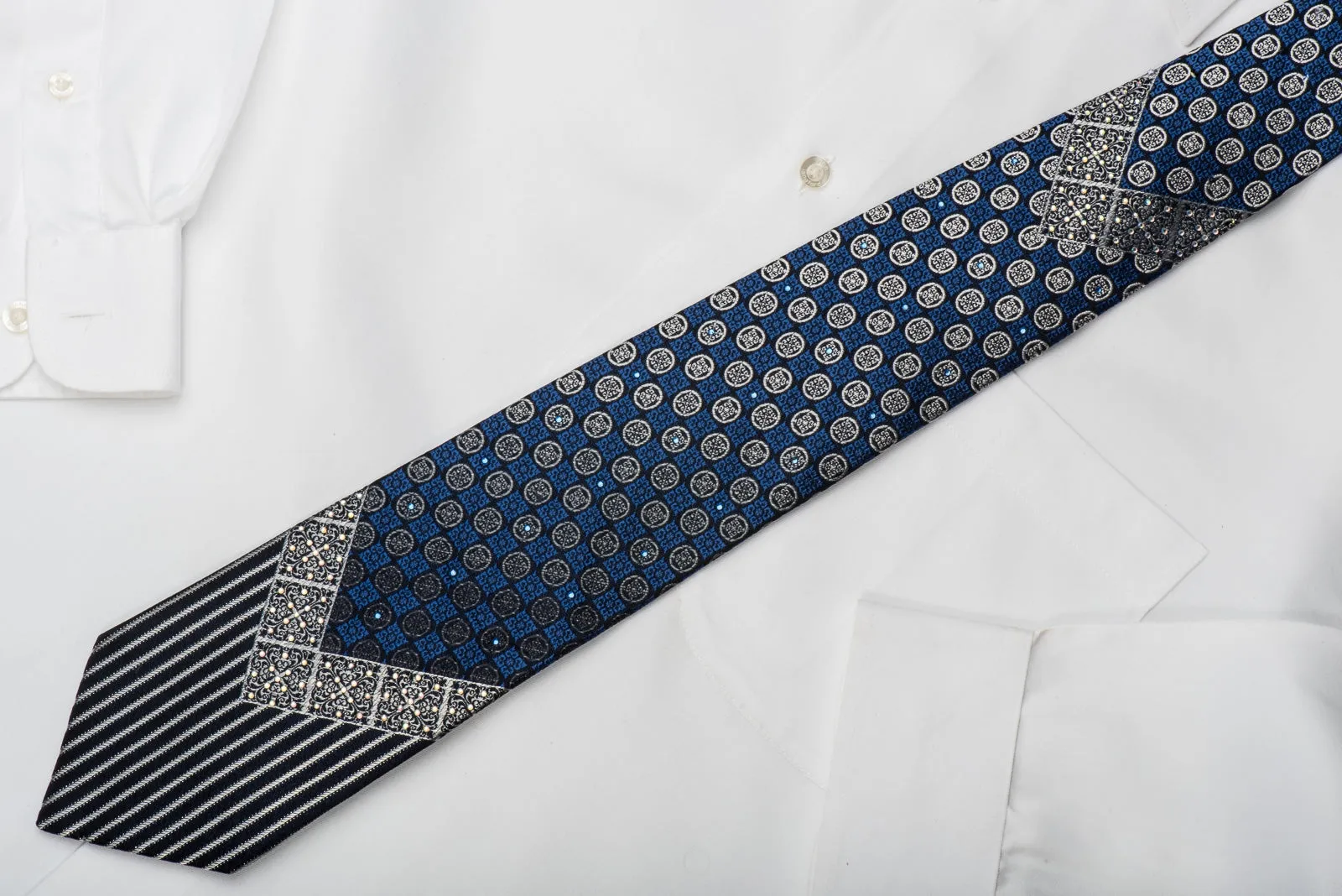 Perry Ellis Rhinestone Silk Necktie Blue Silver Cartouche On Black With Silver Sparkles